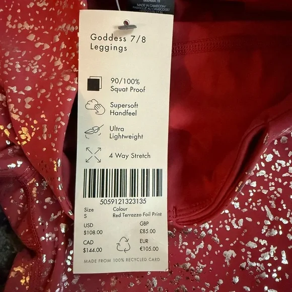 NWT- Sweaty Betty 7/8 Goddess Yoga Leggings Red Terrazzo Disco Foil Print Sz S - Picture 5 of 6